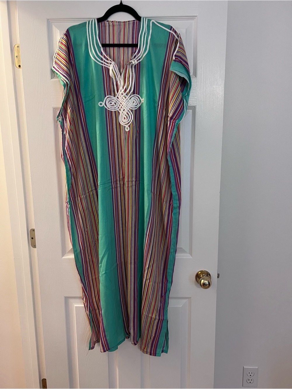 Striped Teal & Multicolor Women's Kaftan Maxi with Embroidered Neck